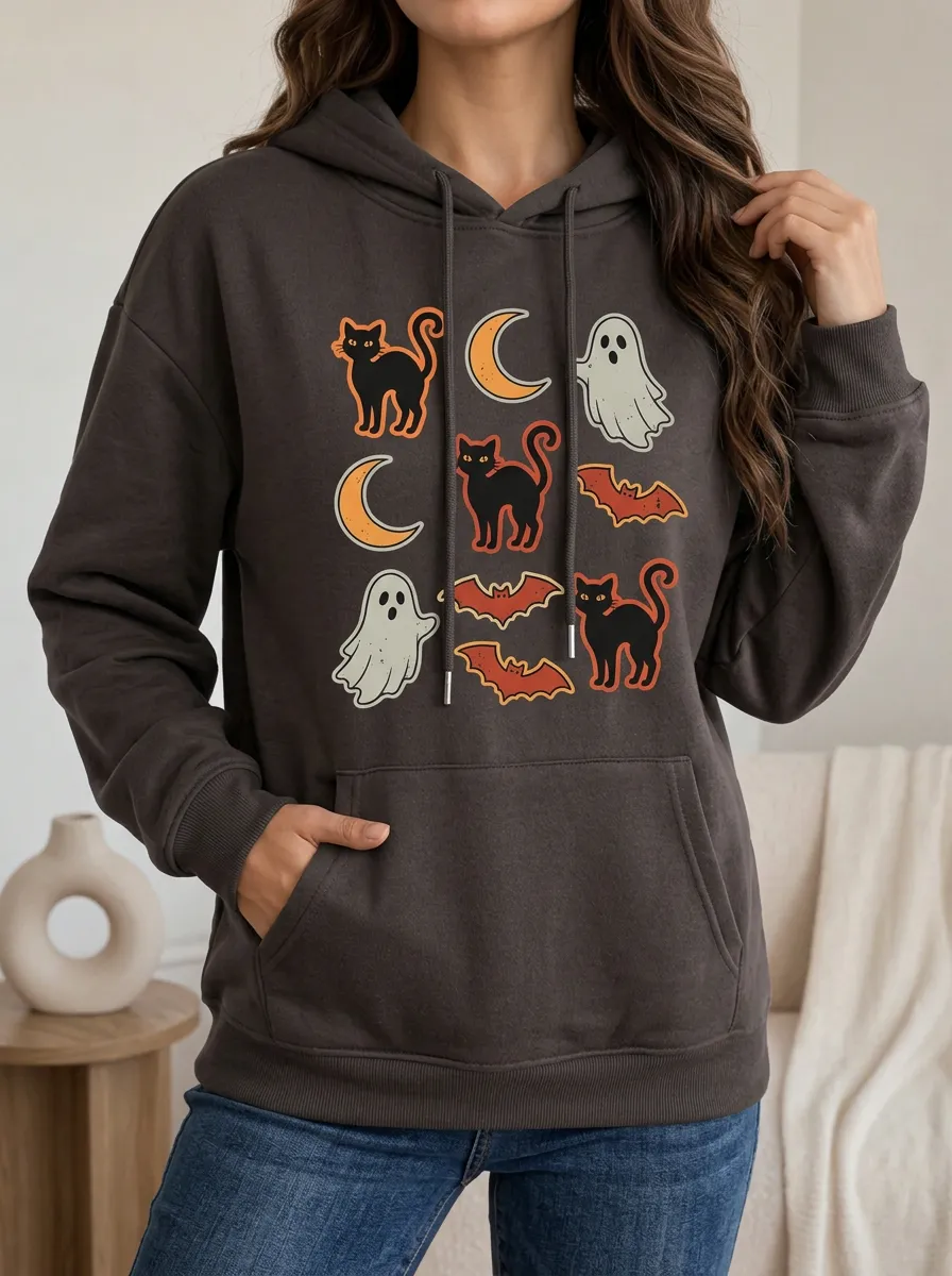 Women's Halloween Ghost Cat Bat Moon Printed Hoodie