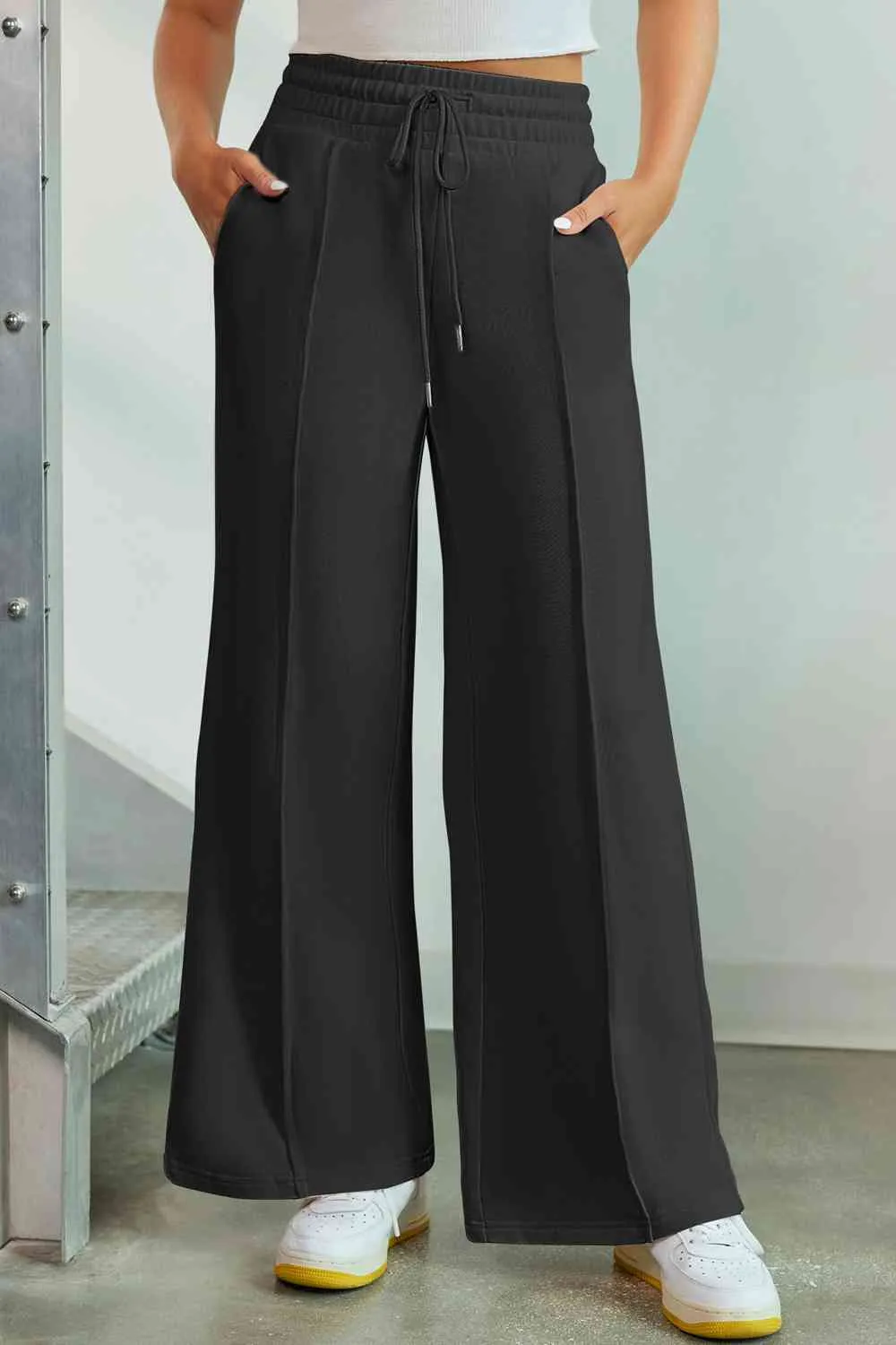 Polished Drawstring Wide Leg Pants With Pocket