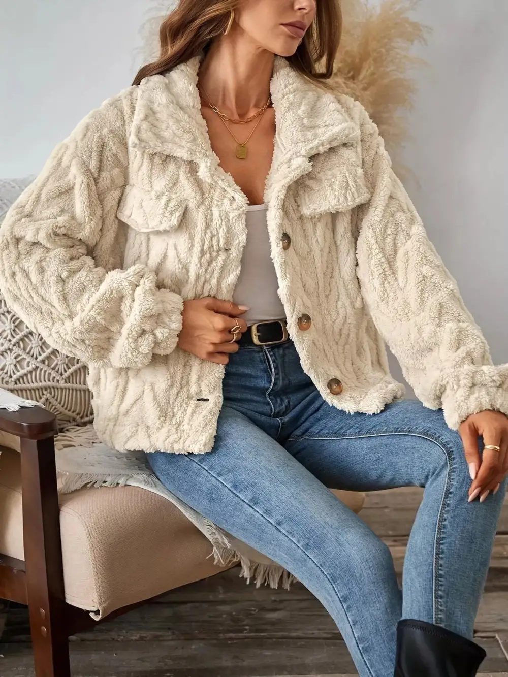 Cozy Textured Fleece Button-up Outerwear