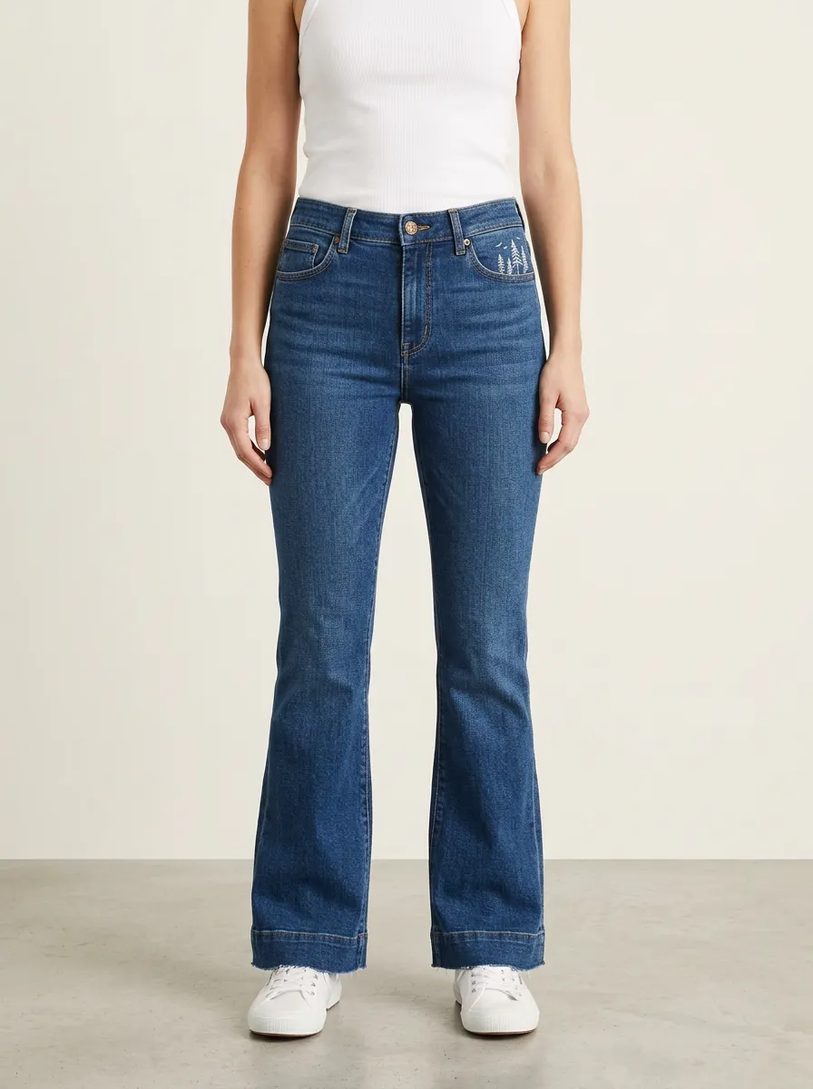 Women's Pine Tree Embroidered Frayed-Hem High-Rise Flare Jeans