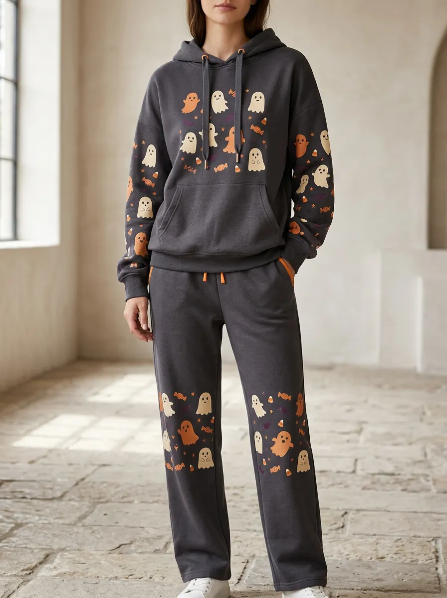 Women's Halloween Ghost Candy Printed Hoodie and Jogger Set