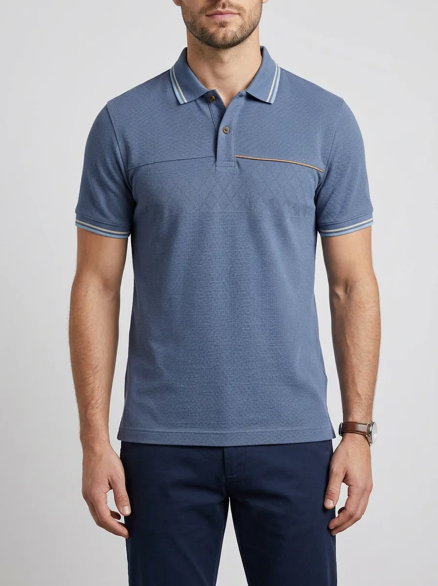 Men's Casual Blue Diamond Textured Polo Shirt