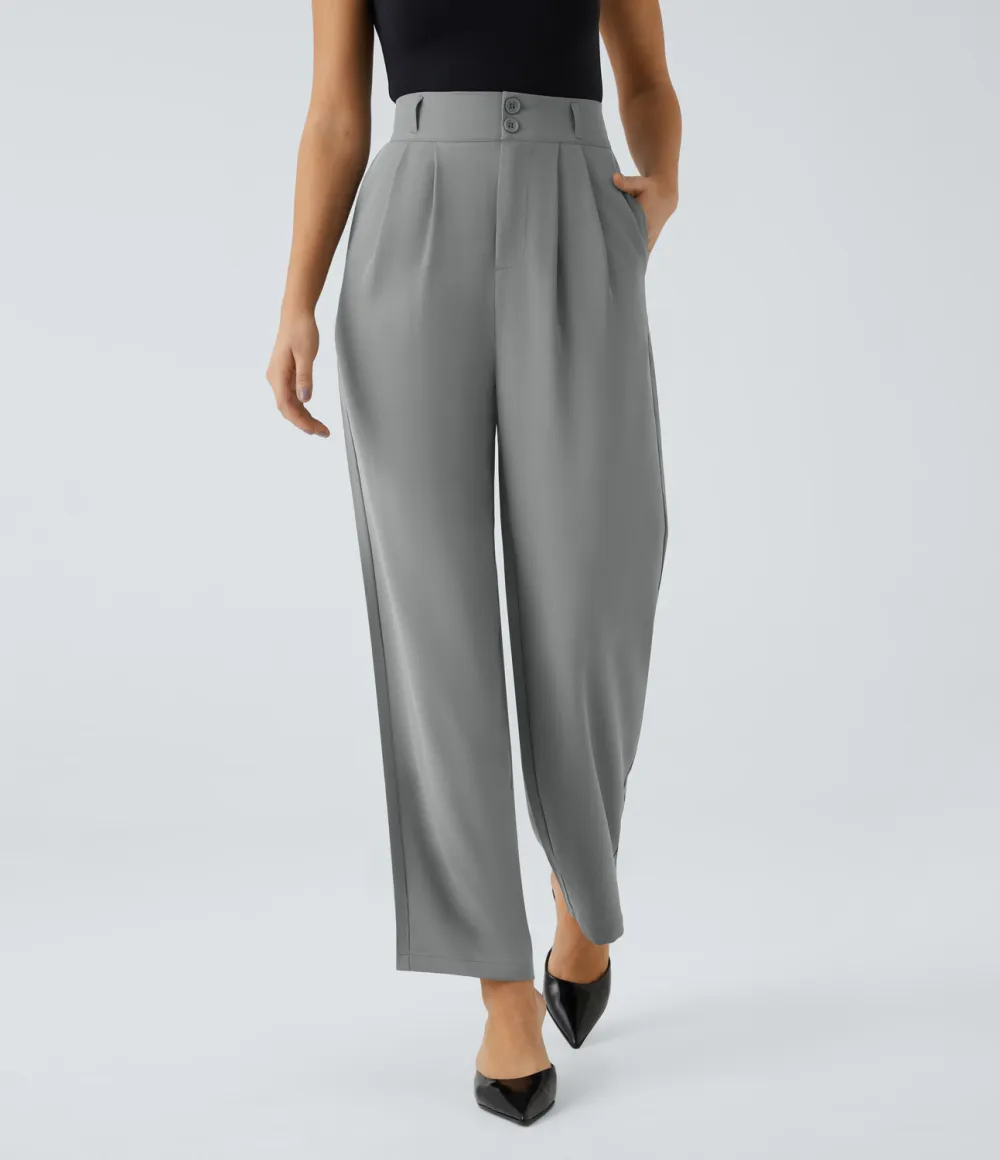 High Waisted Button Zipper Plicated Side Pocket Shirred Straight Leg Work Pants