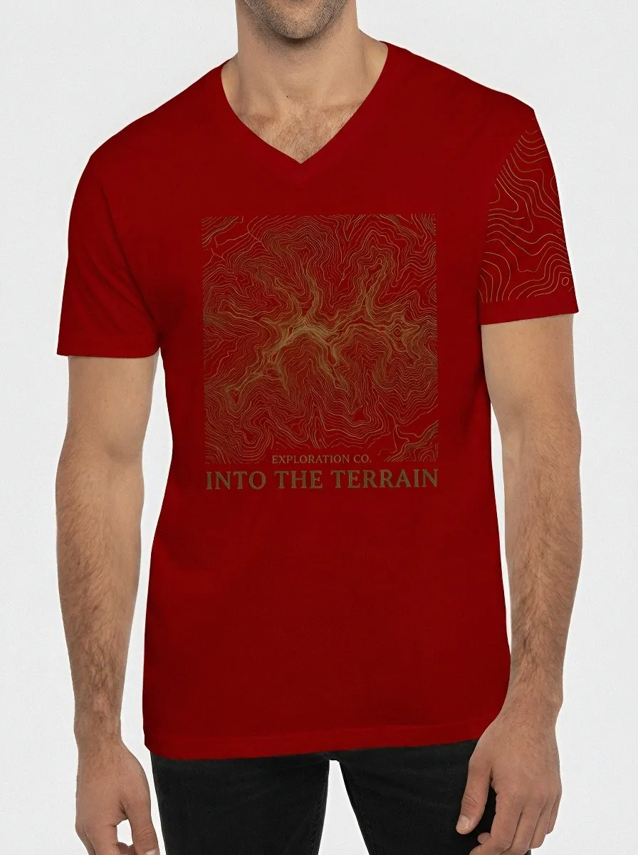 Men's Outdoor Exploration Topographic Map Printed V-neck T-shirt