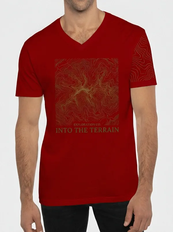 Men's Outdoor Exploration Topographic Map Printed V-neck T-shirt