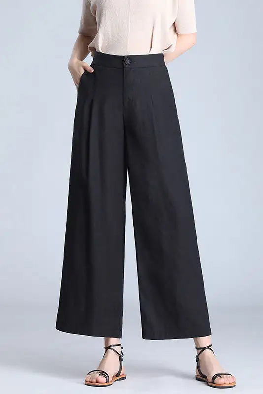 Textured Linen Wide Leg Elastic Waist Pocketed Trousers