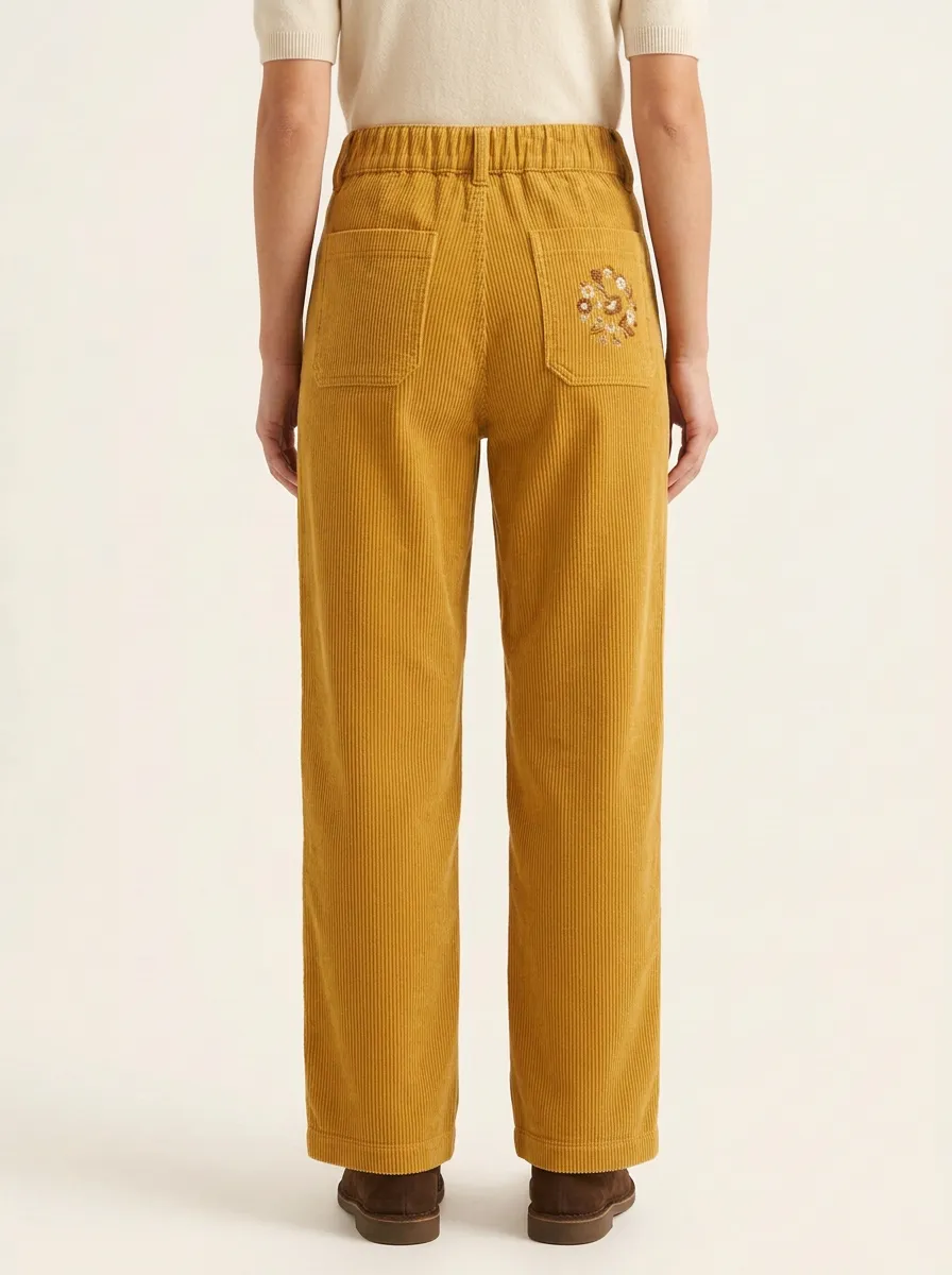Women's Floral Embroidered Patch-Pocket Straight-Leg Corduroy Pants