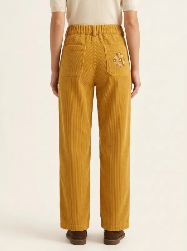 Women's Floral Embroidered Patch-Pocket Straight-Leg Corduroy Pants