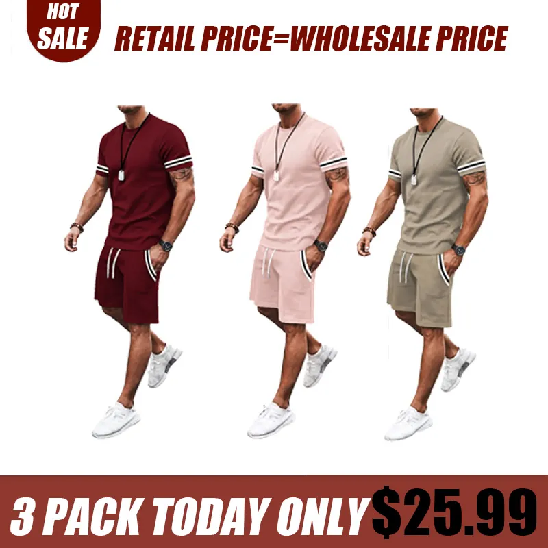 Men's Two-Piece Set: Color-Contrast Trim T-Shirt and Drawstring Shorts