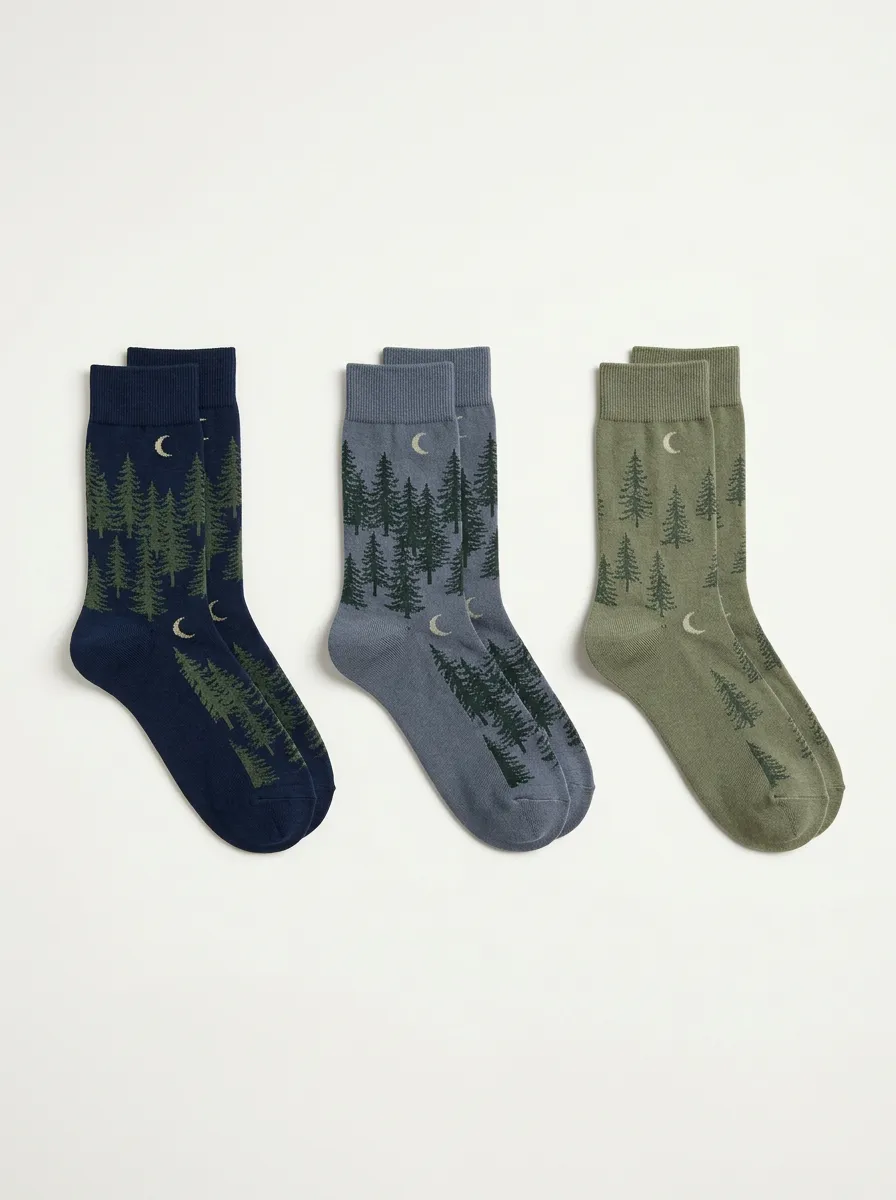 Men's Three-Pair Forest Moon Graphic Crew Sock Set