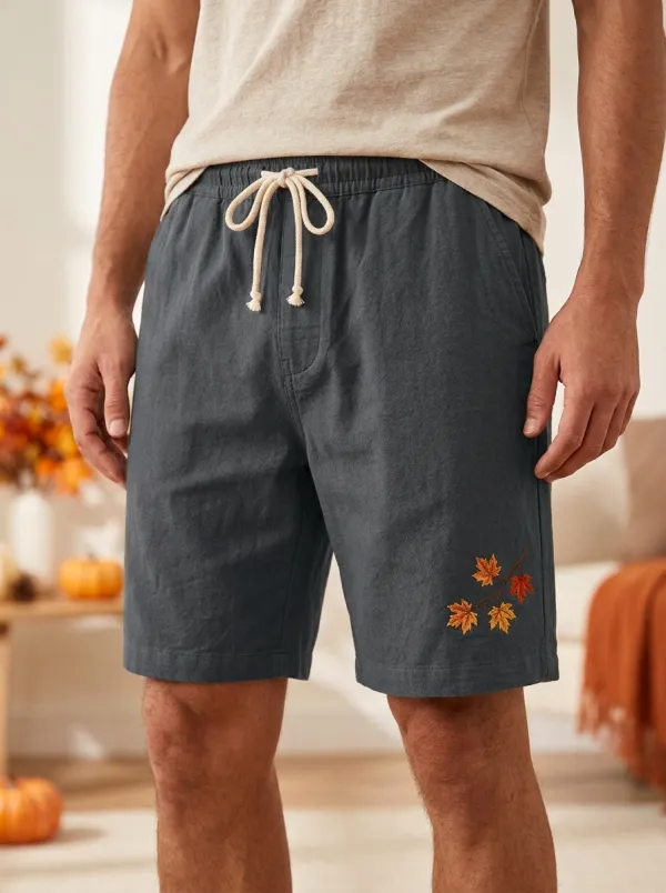 Embroidered Maple Leaf Drawstring Shorts