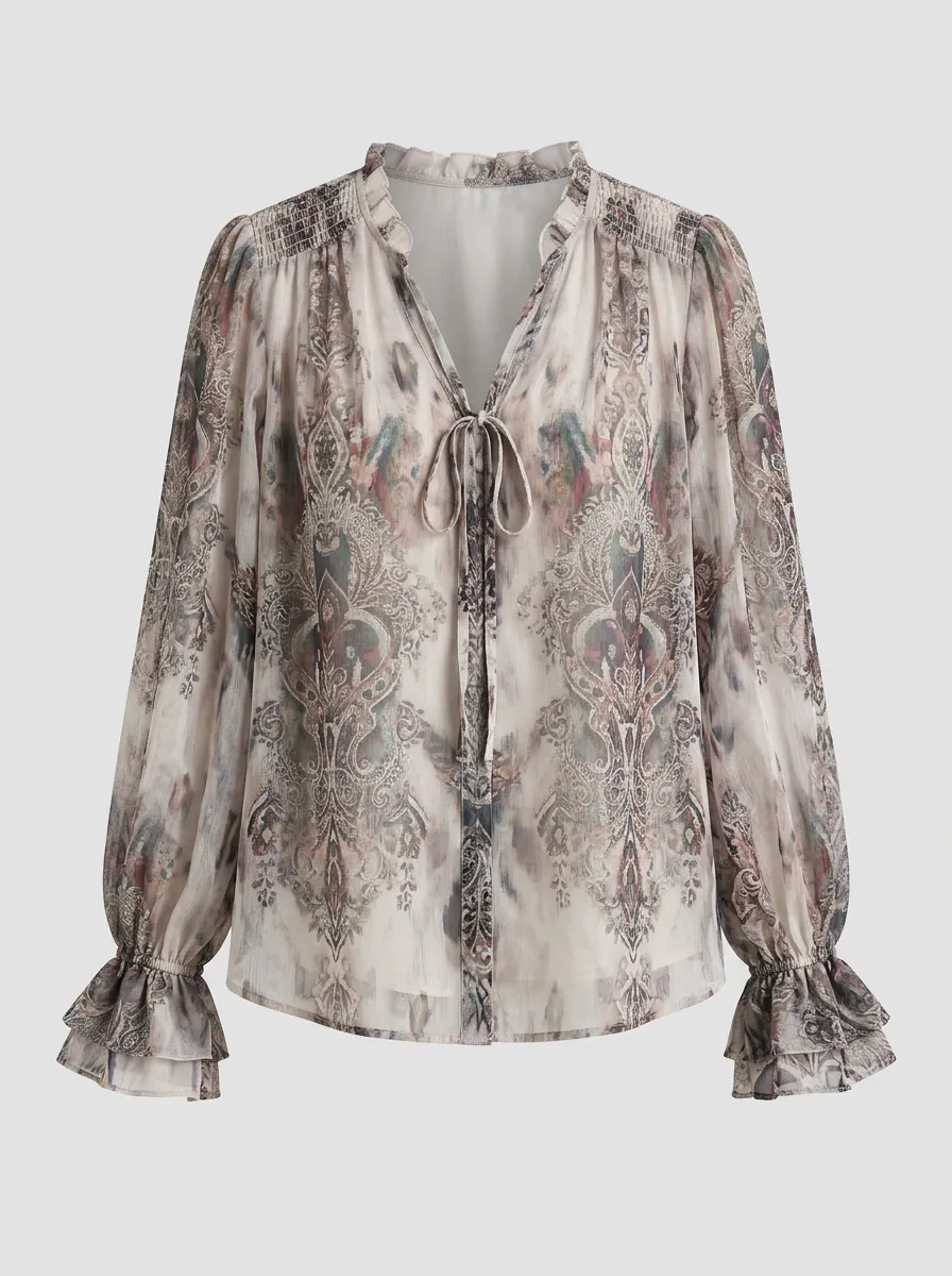 Women's Boho Paisley Pattern Ruffle Trim Printed Blouse
