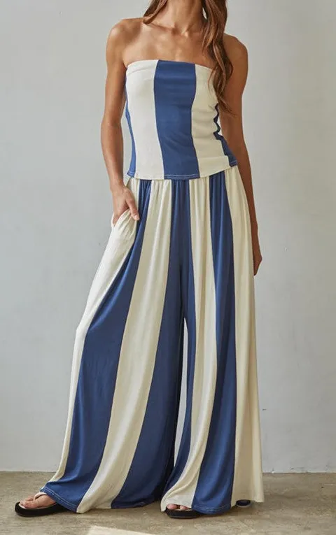 Blue White Color Block Tube Top
