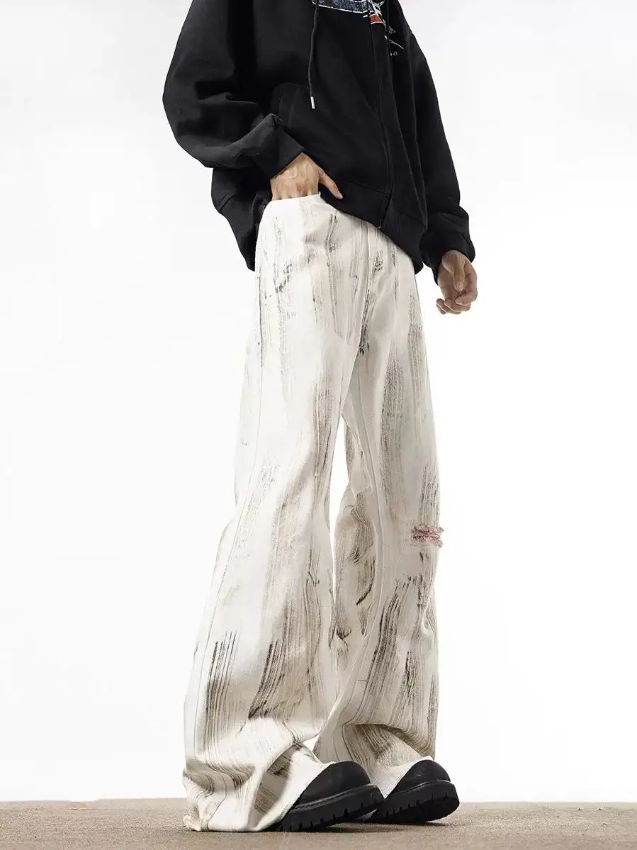 Wide-Leg Distressed Washed Patchwork Jeans