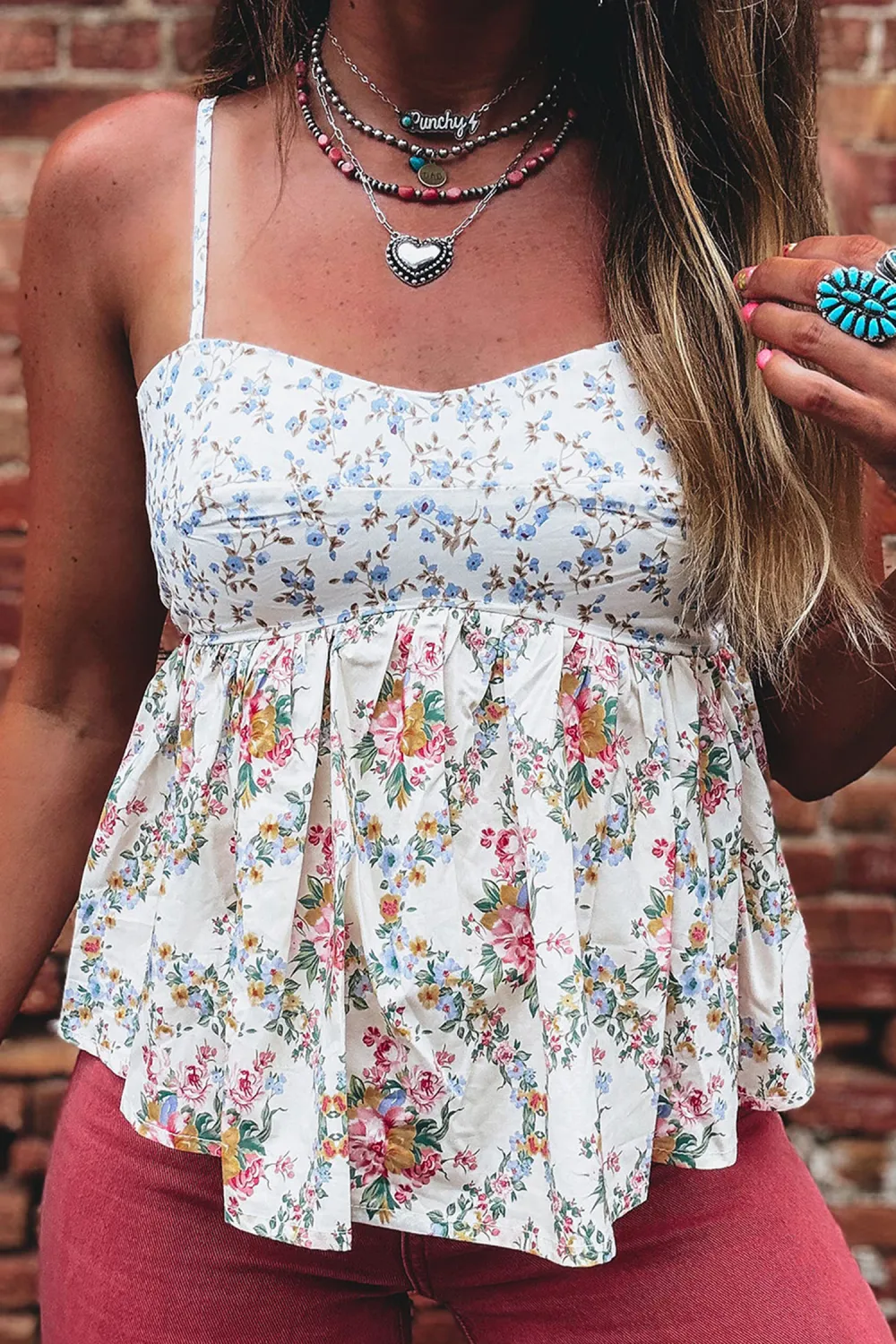 White Contrast Floral Printed Patchwork Top