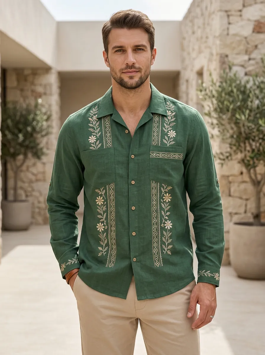 Men's Easygoing Floral Boho Embroidered Linen Shirt
