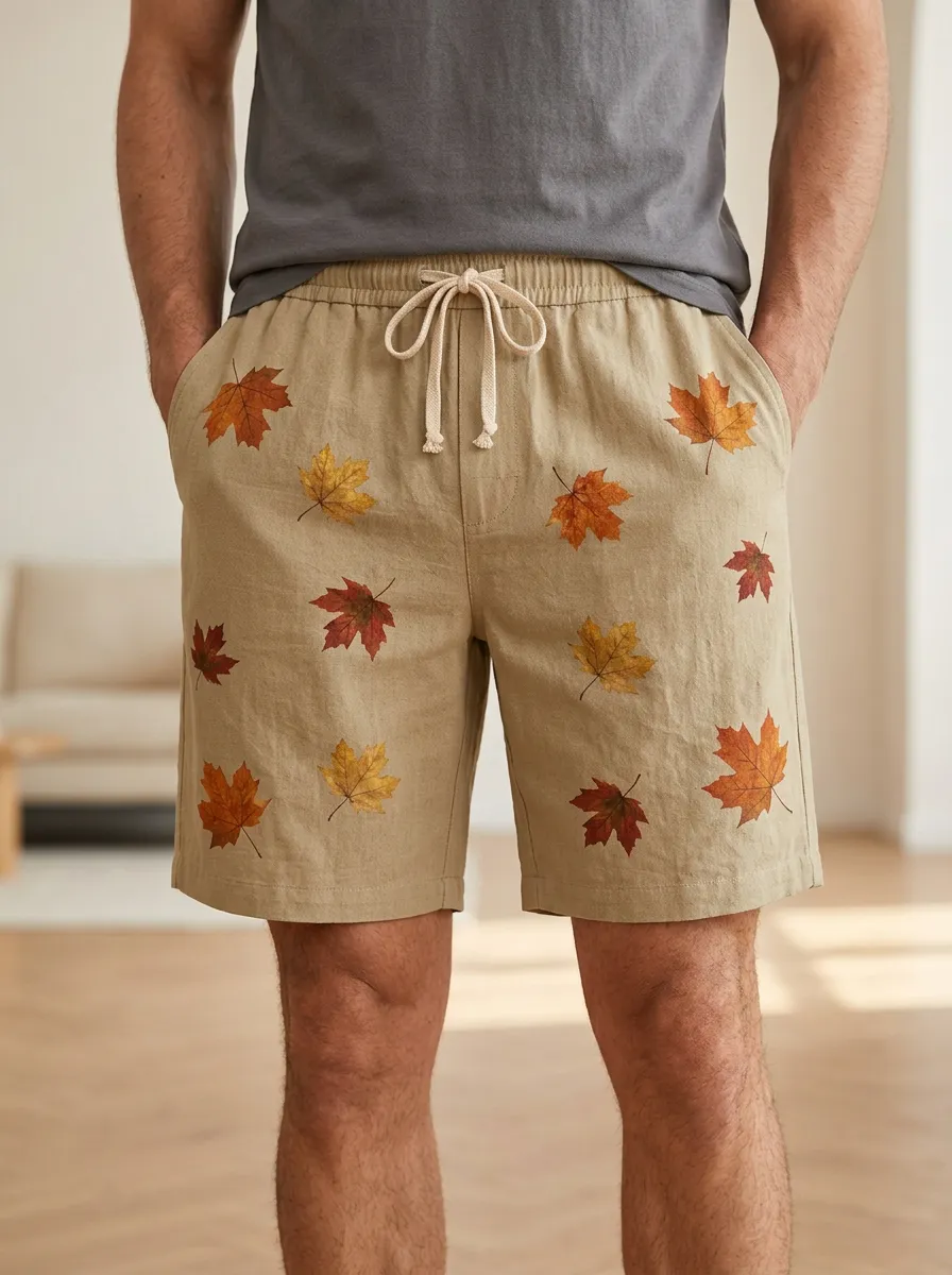 Maple Leaf Print Drawstring Seasonal Shorts