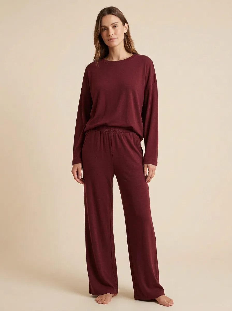 Women's Ribbed Long-Sleeve Crewneck Top And Pull-On Wide-Leg Trouser Lounge Set