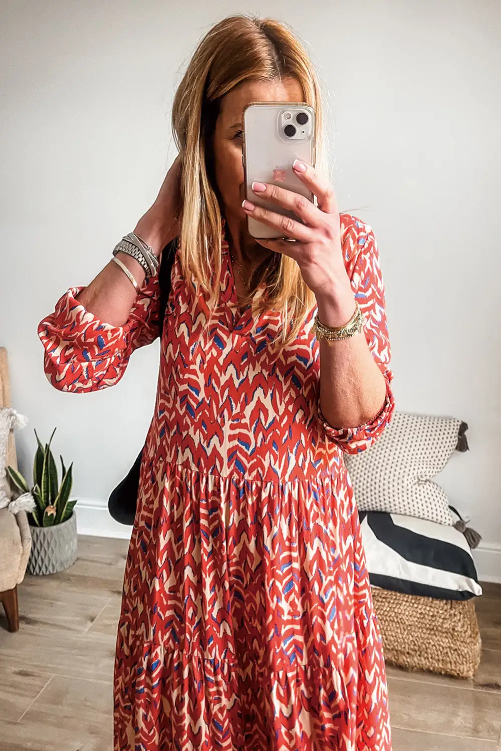 Abstract Print V Neck Pleated Midi Dress