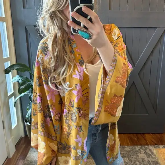 Floral Belted Kimono Sleeve Cardigan