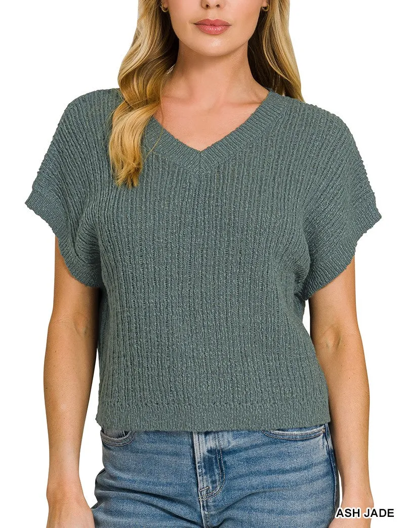 V-Neck Textured Cropped Sweater