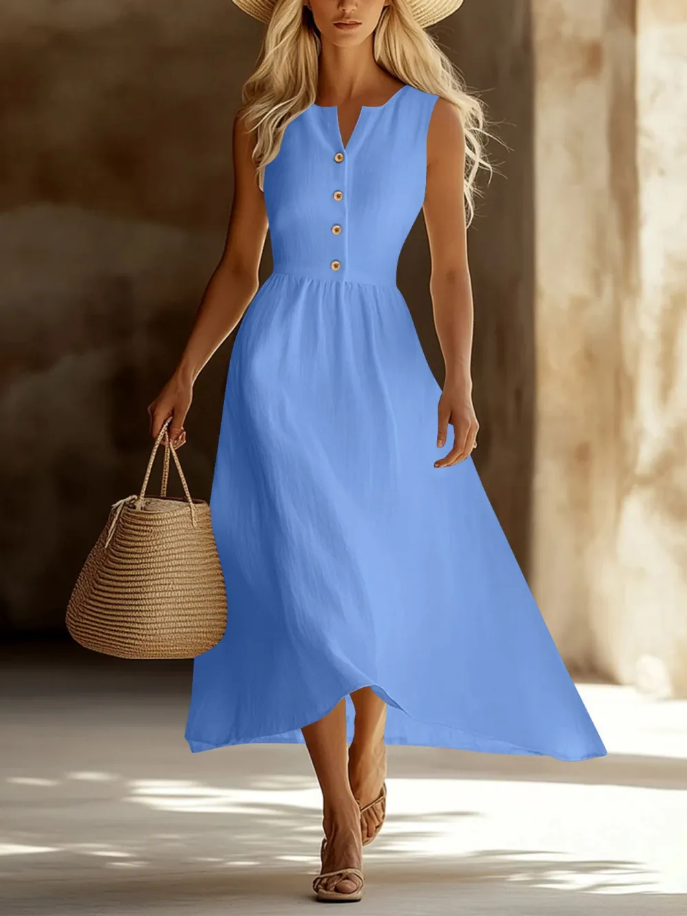Sleeveless Button Front Flowy Midi Dress