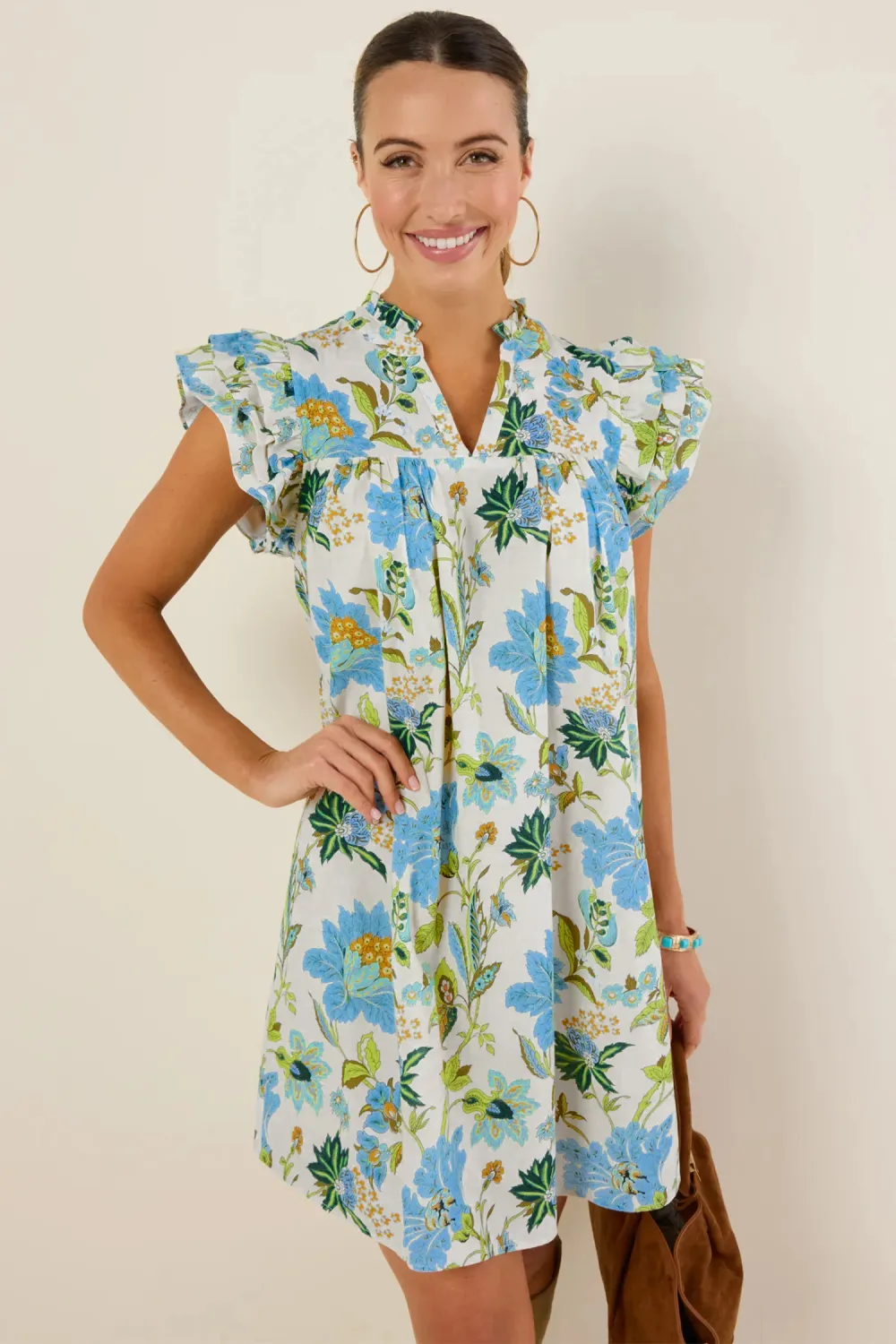 Beige Floral Ruffle Sleeve Dress