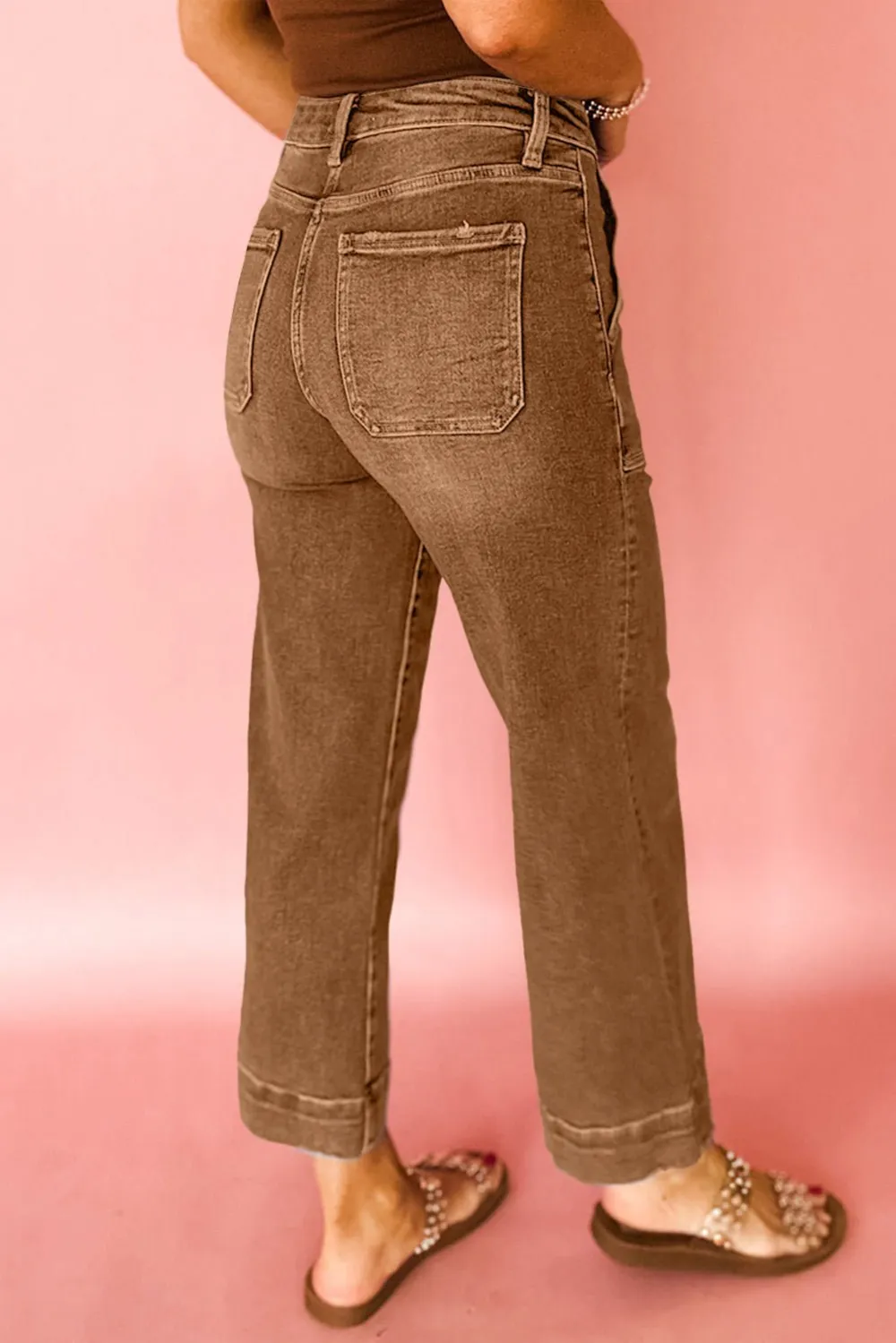 Relaxed High Waist Wide Leg Cropped Pocketed Casual Jeans