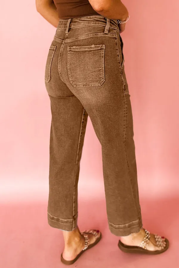 Relaxed High Waist Wide Leg Cropped Pocketed Casual Jeans