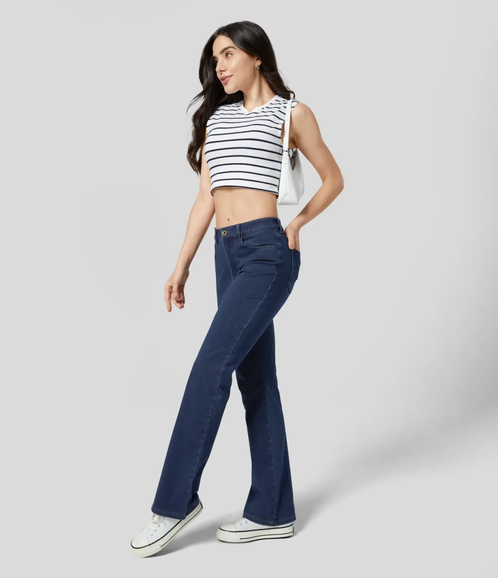 Magic Mid Rise Button Pockets Stretchy Knit Casual Bootcut Jeans