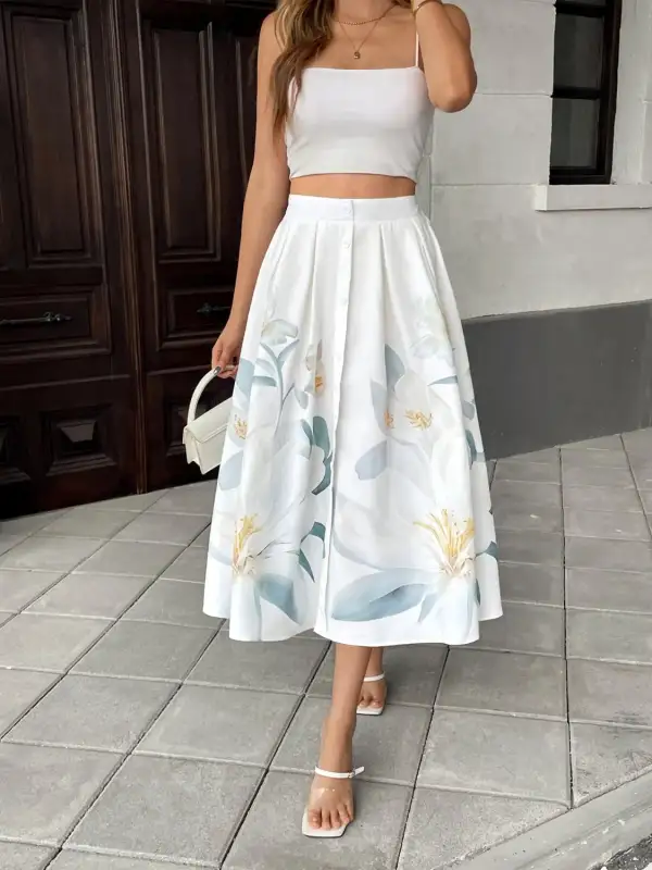 Easygoing Floral Print Midi Skirt