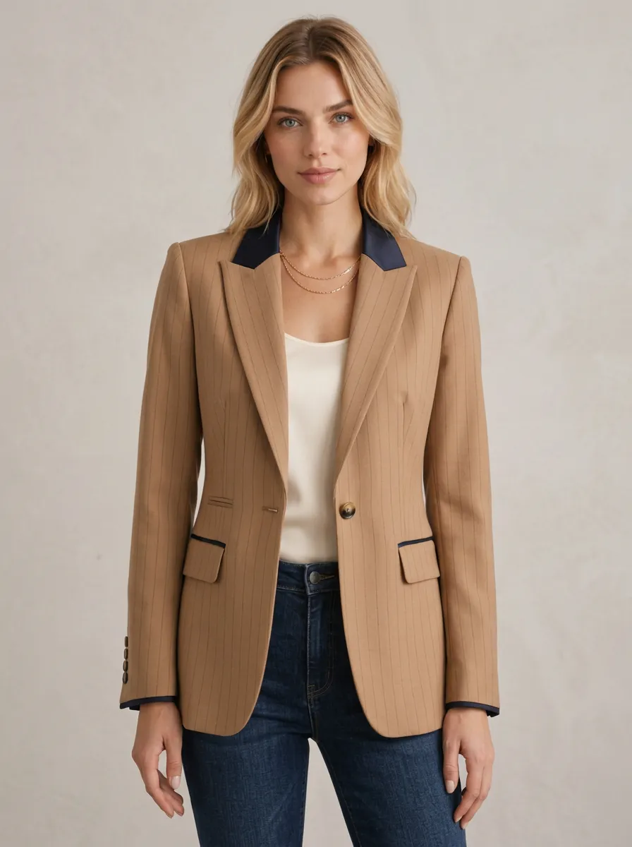 Women's Business Casual Tan Pinstripe Contrast Lapel Printed Blazer