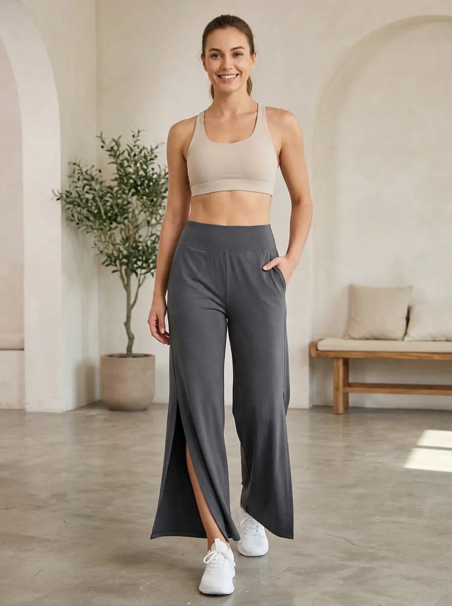 Relaxed Fitness Women's Wide Leg Side Slit Active Pants