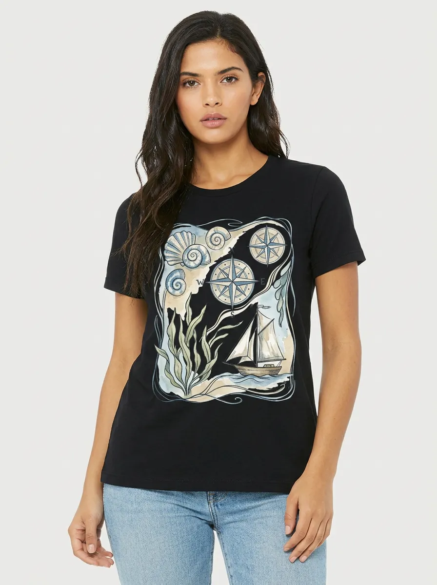 Women's Nautical Sailing Lover Compass Shell Graphic T-Shirt