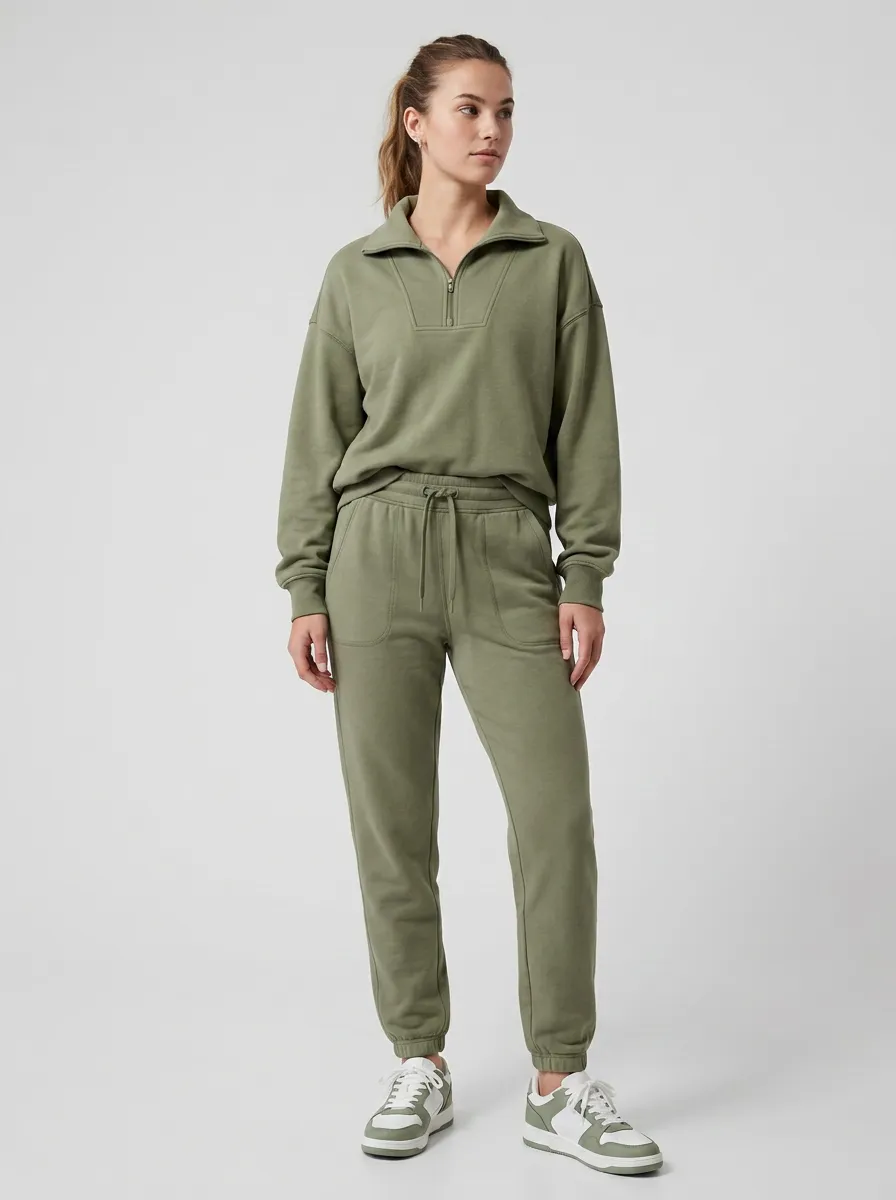 Women's Casual Olive Green Quarter-Zip Pullover Jogger Set