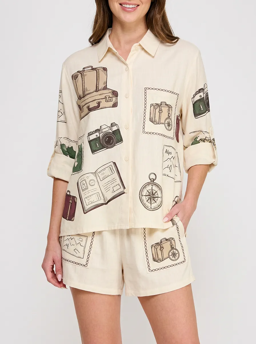 Women's Travel Suitcase Camera Compass Graphic Shirt Tank Top