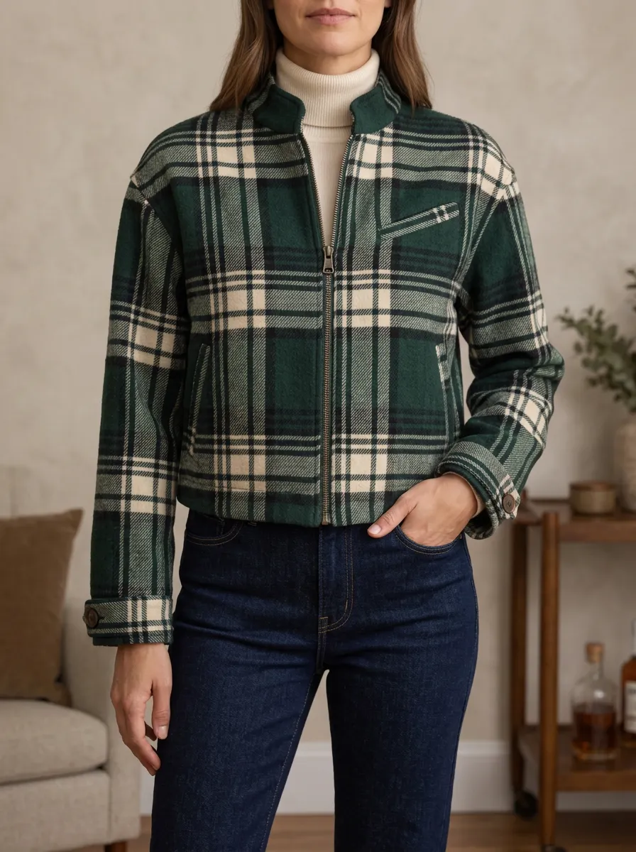 Women's Textured Modern Plaid Stand Collar Cropped Jacket