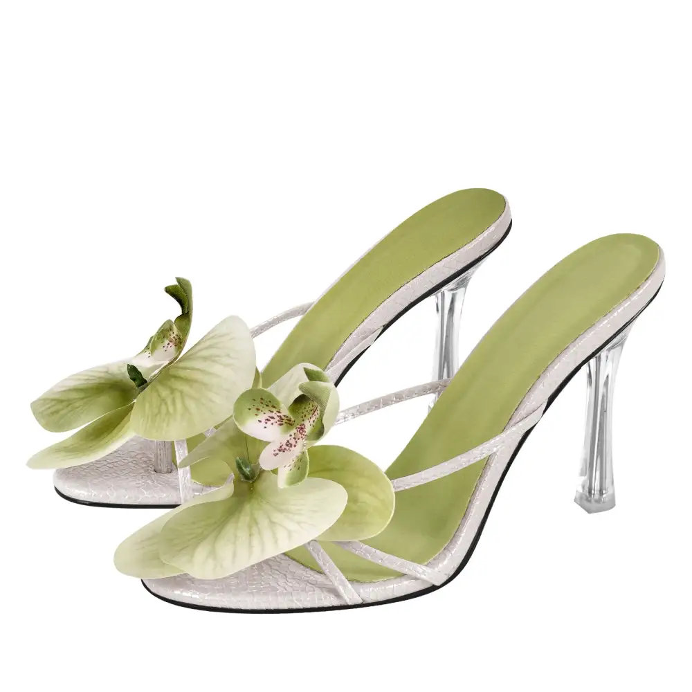 Flower Round Toe Clear Heel Thong Mule Sandals