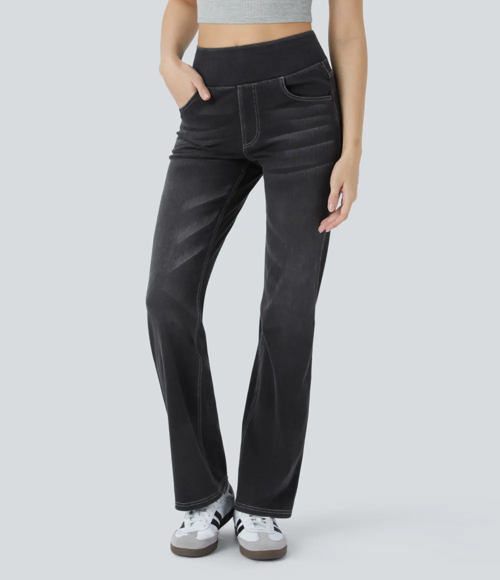 Magic High Waisted Multiple Pockets Washed Stretchy Knit Casual Bootcut Jeans