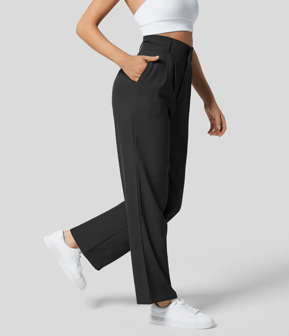 High Waisted Button Zipper Plicated Side Pocket Shirred Straight Leg Work Pants