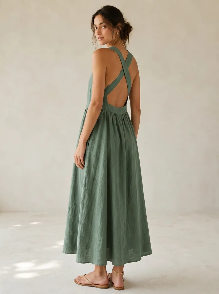 Women's Cross-Back Linen Backless Dress
