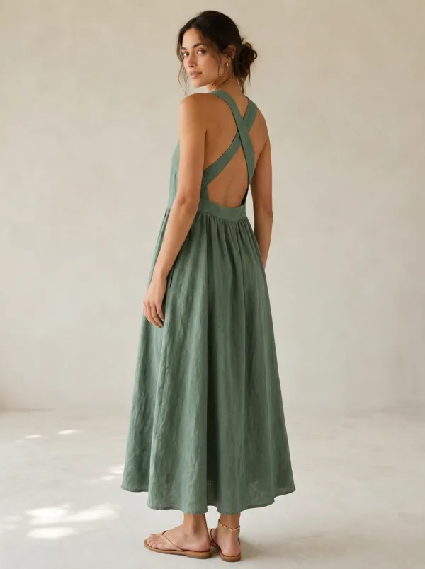 Women's Cross-Back Linen Backless Dress