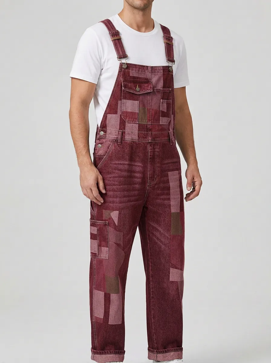 Patchwork Denim Chest Pocket Overalls