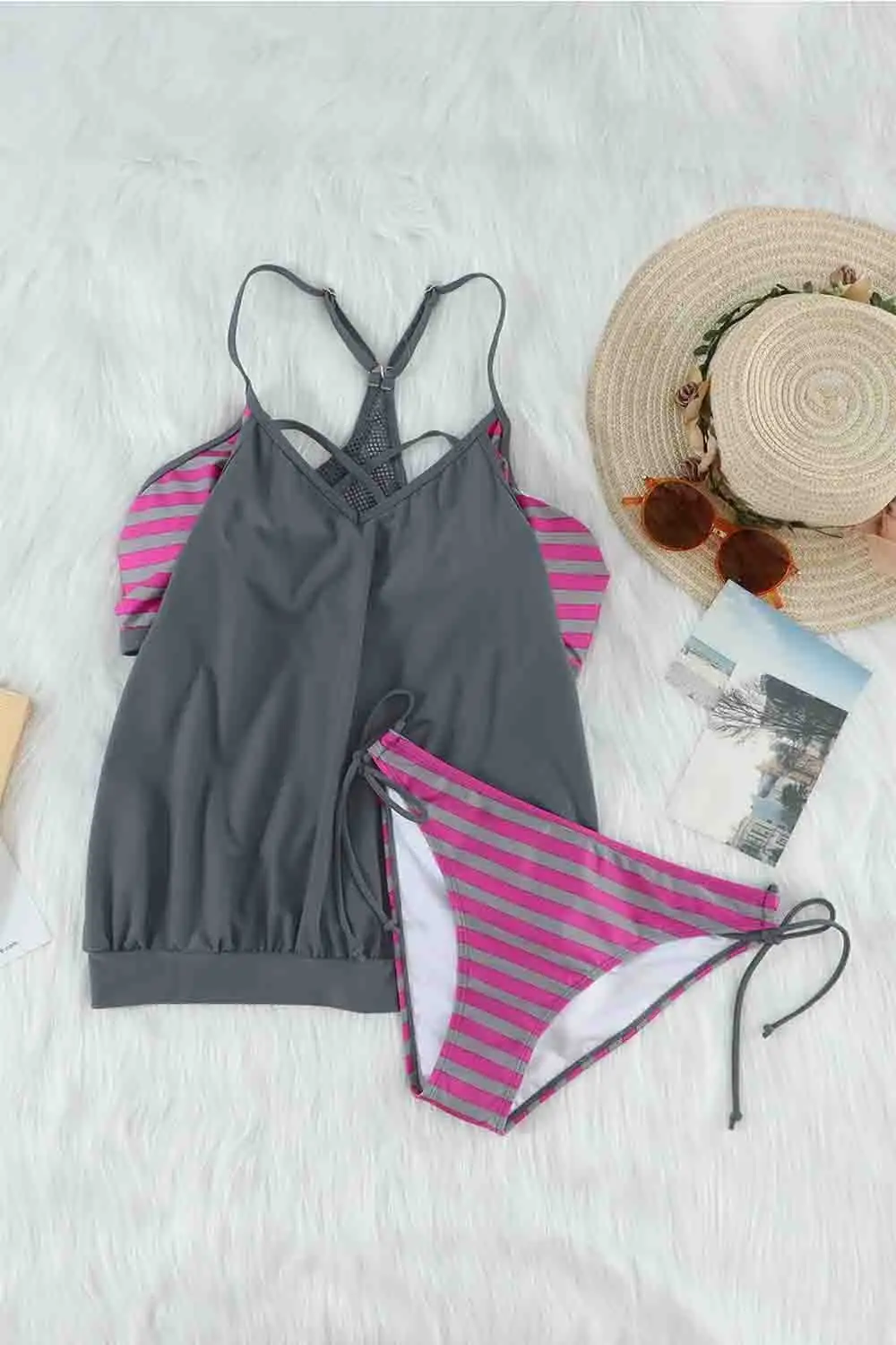 Swimwear Strappy Criss Cross Back Tankini Top with Bikini Bottom Bathing Suits