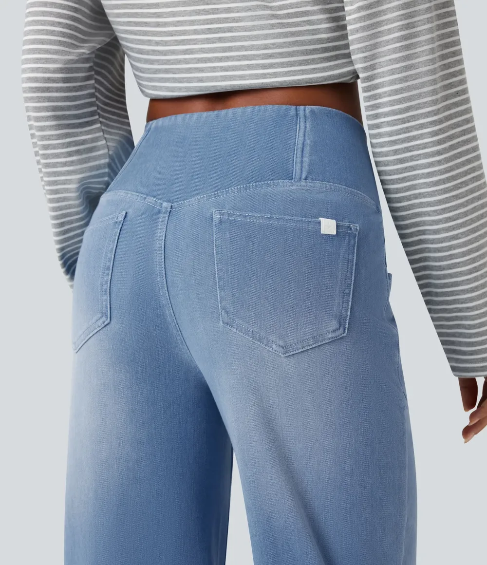 High-waisted, relaxed, crossover straight-leg jeans with  pockets