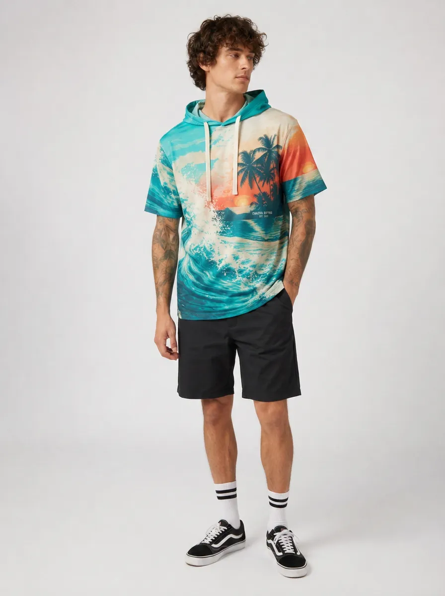 Men's Tropical Print Short Sleeve Hoodie with Attached hood with contrasting drawstrings
