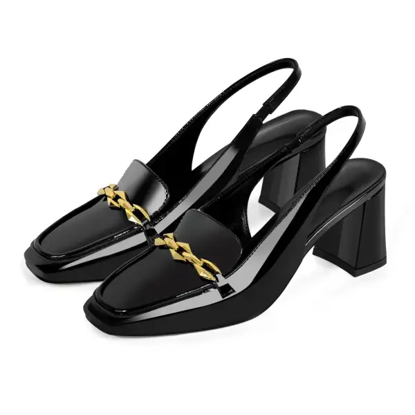 Patent Finish Square Toe Chunky Heel Slingback Pumps