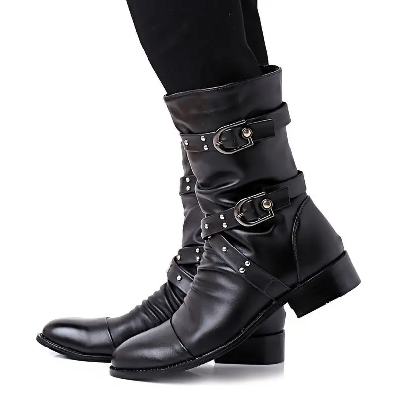 Buckle Strap Studded Biker Boots