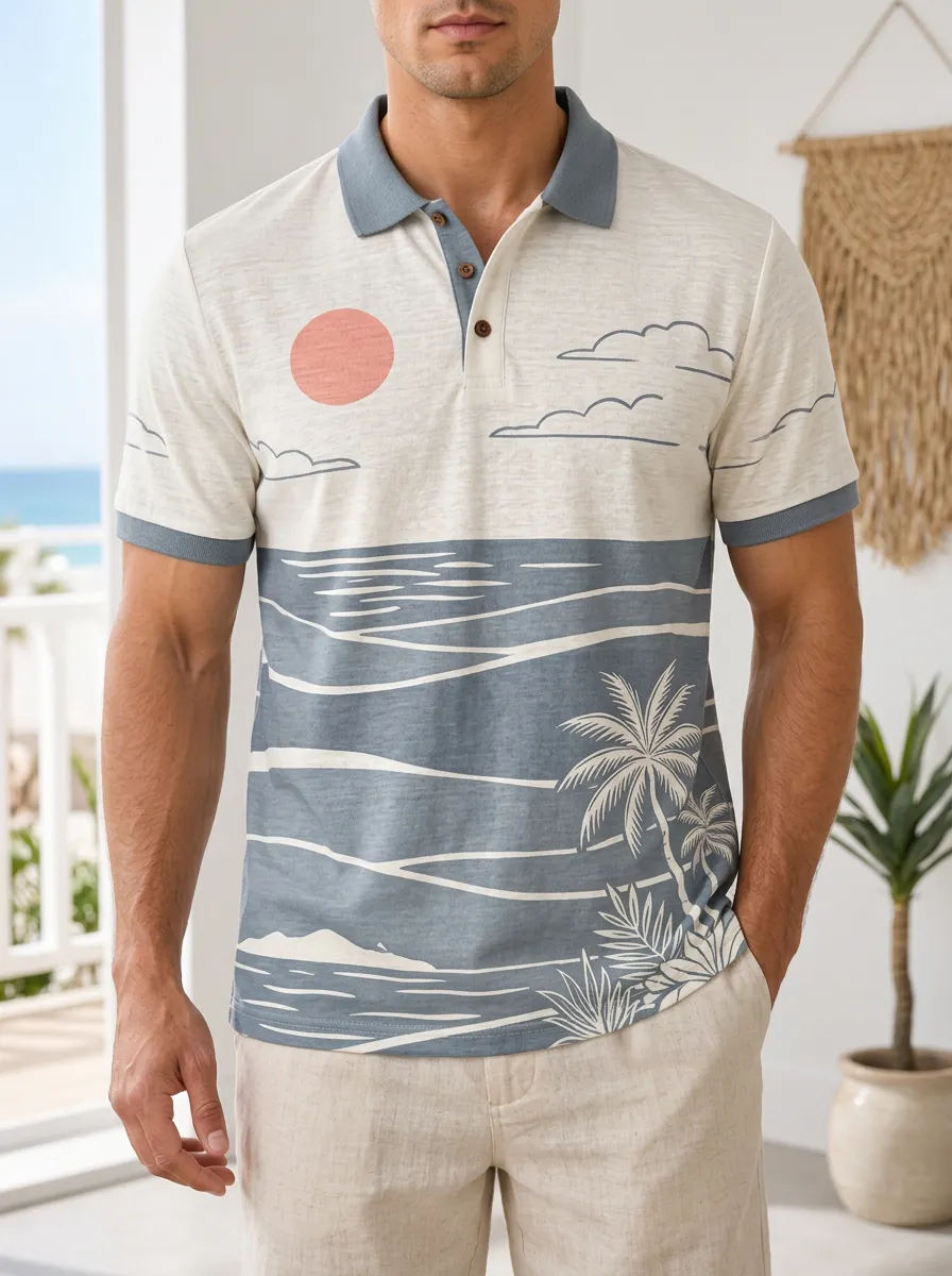 Men's Beach Vacation Sunset Palm Tree Printed Polo Shirt