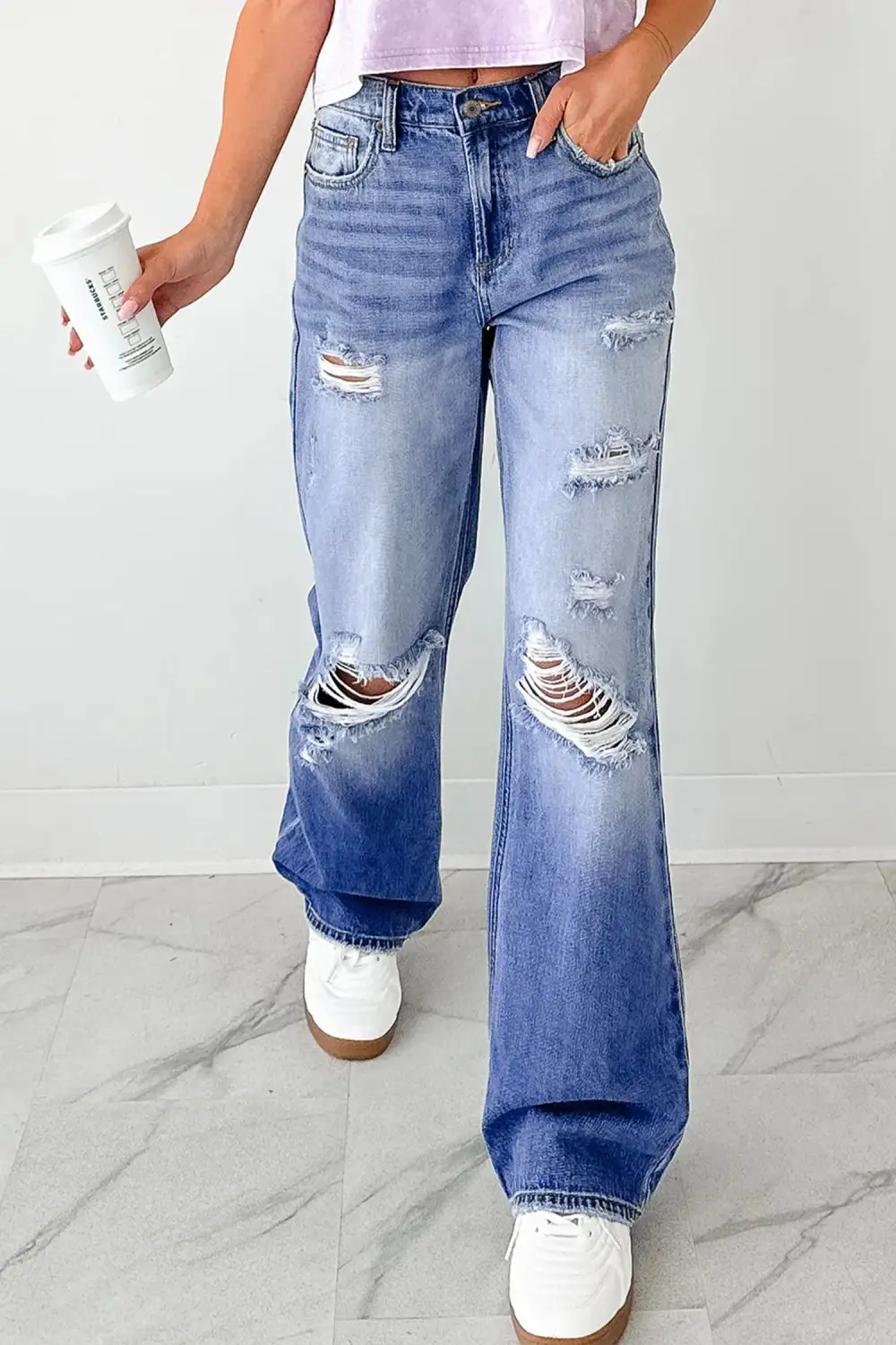 Mid Rise Straight Leg Distressed Denim Jeans